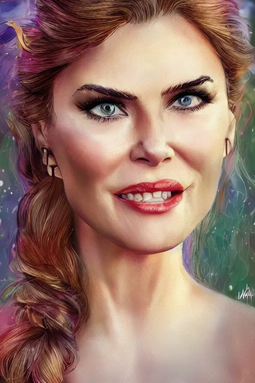 Image similar to mix of beautiful young maria shriver, mariel hemmingway, brooke shields, nicole kidman and elle macpherson as a mermaid, thin lips, hair tied up in a pony tail, brunette hair, colorful, artstation, cgsociety