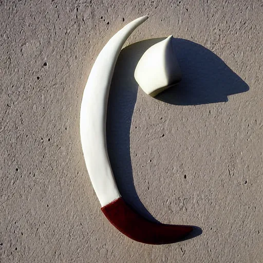 Image similar to anthropomorphic crescent moon sculpture, crescent moon face, ceramic, photograph, fine art, glazed ceramic, kitsch,