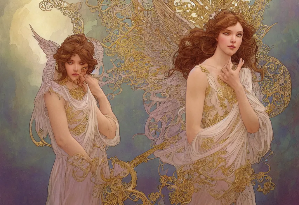 Image similar to an angel, highly detailed, very intricate, art nouveau, gold filigree, romantic storybook fantasy, soft cinematic lighting, award - winning, disney concept art watercolor illustration by mandy jurgens and alphonse mucha and alena aenami, pastel color palette, featured on artstation