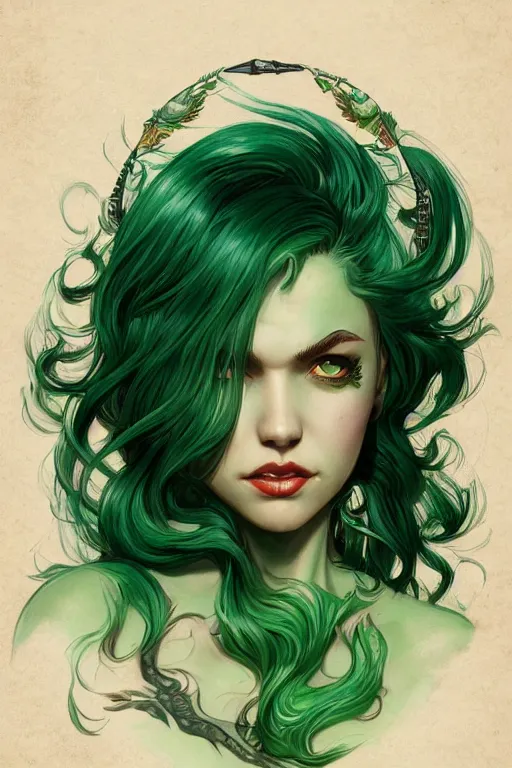 Image similar to green hair tattooed pinup hannah murray, rogue bard, dnd, deep focus, turnaround, fantasy, intricate, elegant, highly detailed, digital painting, artstation, concept art, matte, sharp focus, illustration, hearthstone, art by artgerm and greg rutkowski and alphonse mucha.