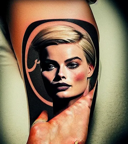 Image similar to tattoo design sketch double exposure of margot robbie with beautiful mountain scenery mash up, in the style of arlo dicristina, surrealist, amazing detail, sharp