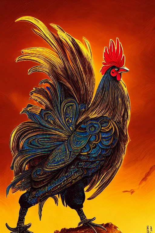 Image similar to a beautiful tarot card artwork of a rooster, wearing knight armour!, horror, backlit, gloomy sky, highly detailed, digital painting, intricate golden threads, by kevin siembieda, vivid colors, detailed shading, 8 k resolution, intricate, smooth