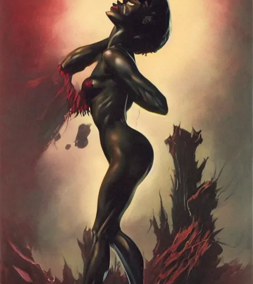 Image similar to seventies scream queen, dark night, strong line, deep color, beautiful! coherent! by brom, by frank frazetta,