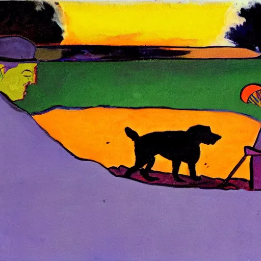 Prompt: a fauvist painting of a man and a black dog digging a hole on a danish beach at sunset