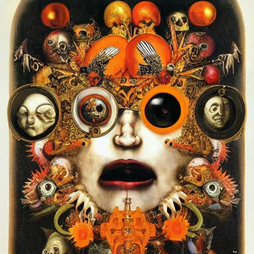 Prompt: album cover, religious reliquary, new age, black, white, orange, psychedelic, giuseppe arcimboldo