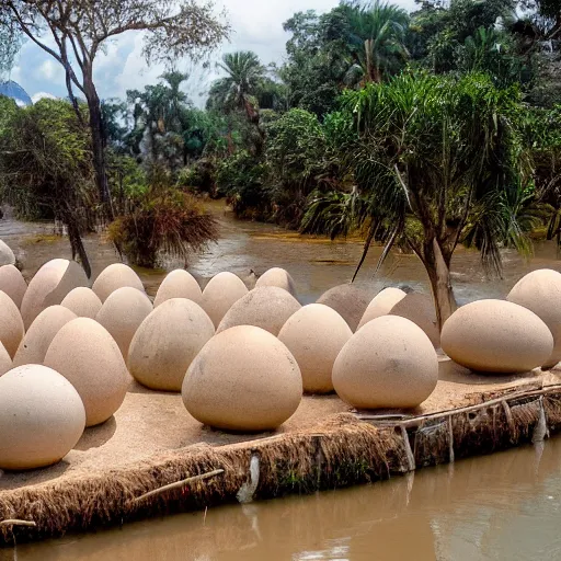 Prompt: macondo was a village of twenty adobe houses, built on the bank of a river of clear water that ran along a bed of polished stones, which were white and enormous, like prehistoric eggs.