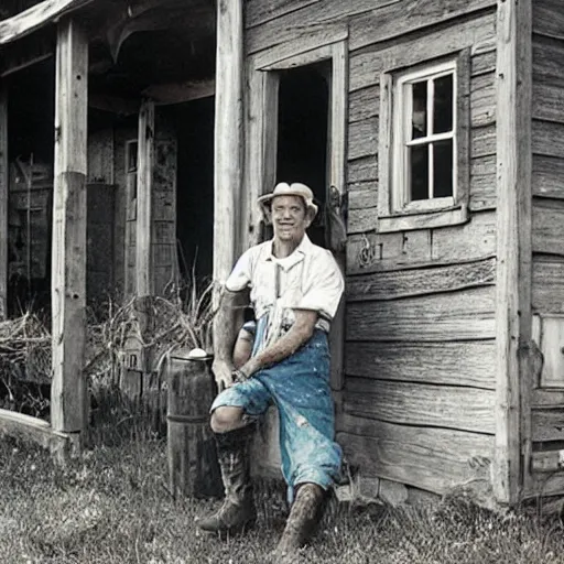 Prompt: a hillbilly drinking a bottle of beer infront of his shack home, blue overalls, redneck, photograph, 1 9 1 7, colorized, high quality, high resolution