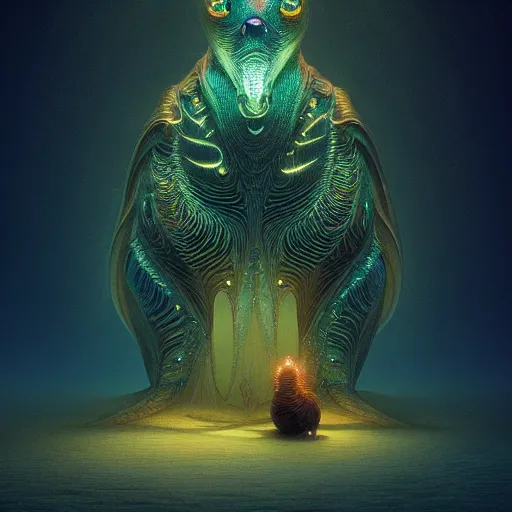 Image similar to iridescent animal, backlit, warm tones, bioluminescent : by michal karcz, daniel merriam, victo ngai and guillermo del toro : ornate, dynamic, particulate, intricate, elegant, highly detailed, centered, artstation, smooth, sharp focus, octane render