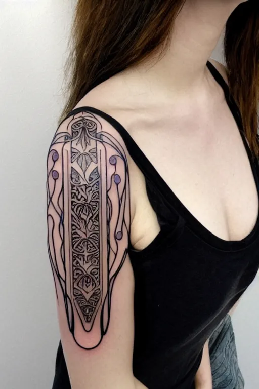 Prompt: straight mirrored minimalist art nouveau shoulder tattoo, wide, intricate detail, simple lines