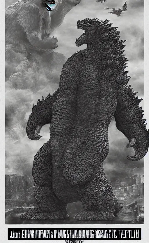 Image similar to godzilla vs kong poster in the style of john blanche