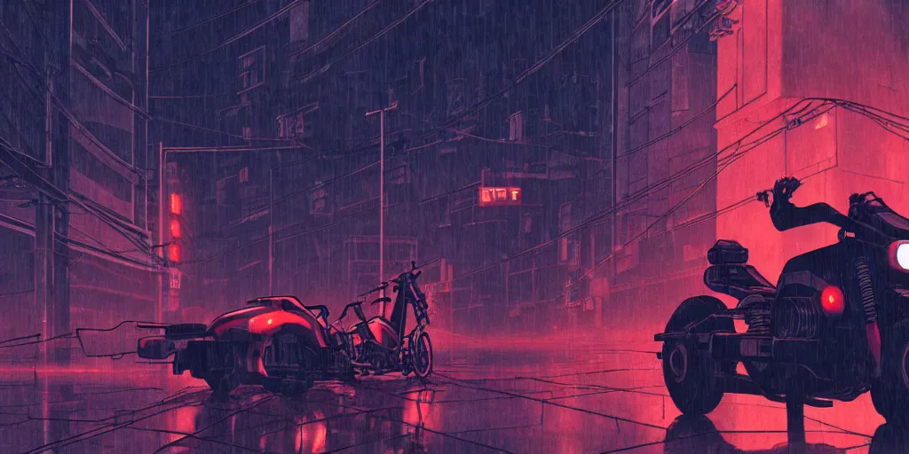 Image similar to twilight lighting, moody, atmospheric, solarpunk, kaneda and his motorcycle from akira, rainy, in the art style of neon genesis : evangelion, 8 0 s anime style, by ghibli studio and victor ngai, ghost in the shell art style, akira artstyle, pixar highly detailed, 8 k h 5 7 6