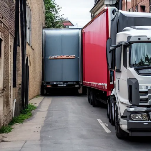 Prompt: two trucks smooching each other in a back alley