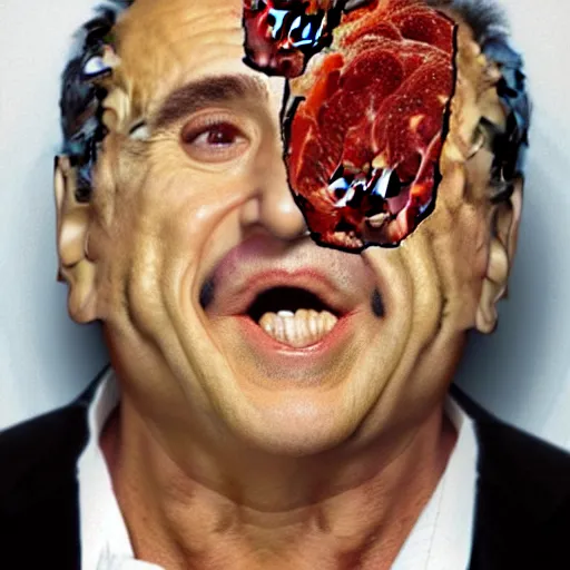 Prompt: danny devitos face made of meat