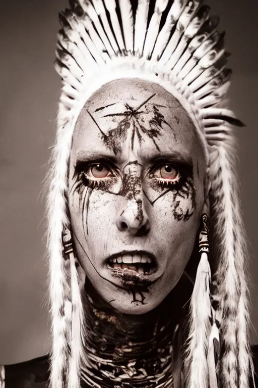 Prompt: Photo of Native American indian woman Yolandi Visser, portrait, skilled warrior of the Apache, ancient, realistic, detailed, Yolandi Visser