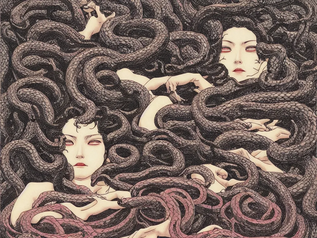 Image similar to medusa, cool face, snakes, super revolution, digital art by takato yamamoto