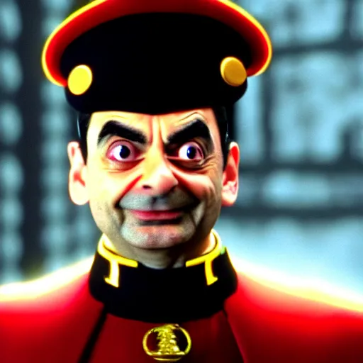 Image similar to mr. bean as m. bison from the streetfighter movie. movie still. cinematic lighting.