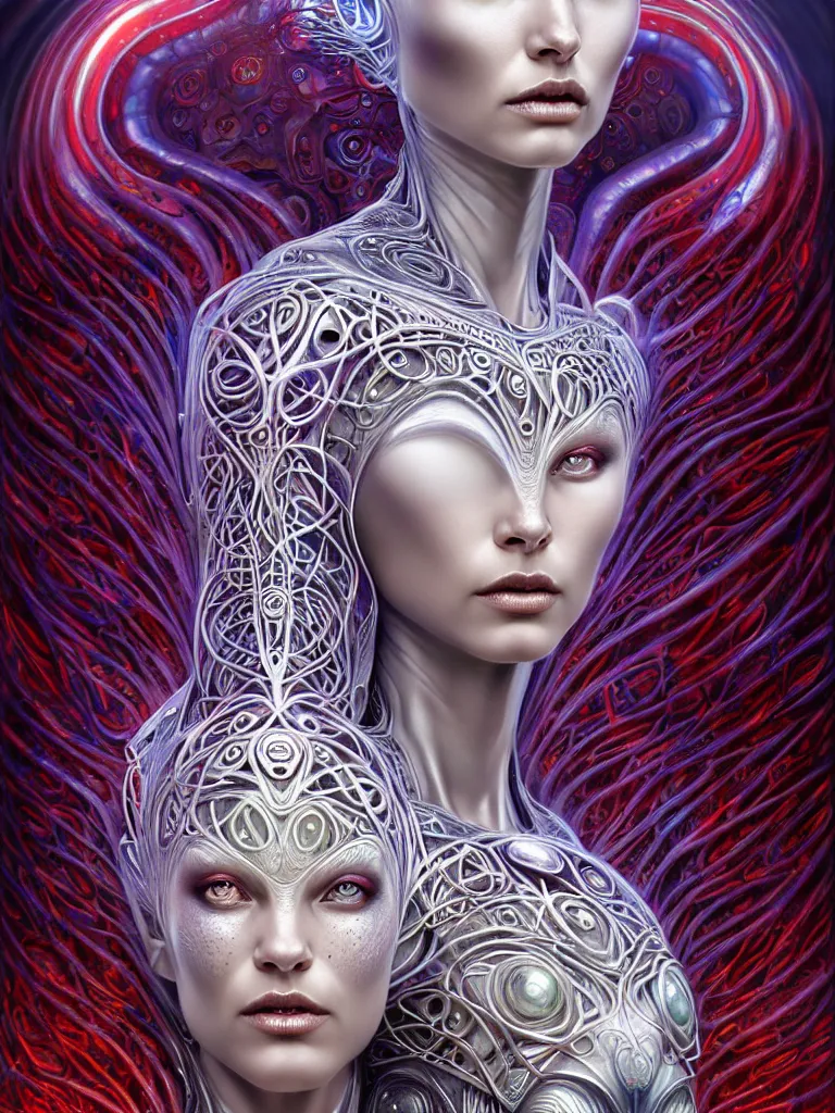 Prompt: beautiful alien machine goddess of the rainstorms in white celtic robes by android jones alex grey android jones alex grey mark cooper alien beauty goddess beauty alien celtic red - haired rainstorm goddess with white robes and metallic machine deity artgerm artstation award winning photorealistic detailed hypervivid intense fantasy concept art by greg rutkowski max chroma