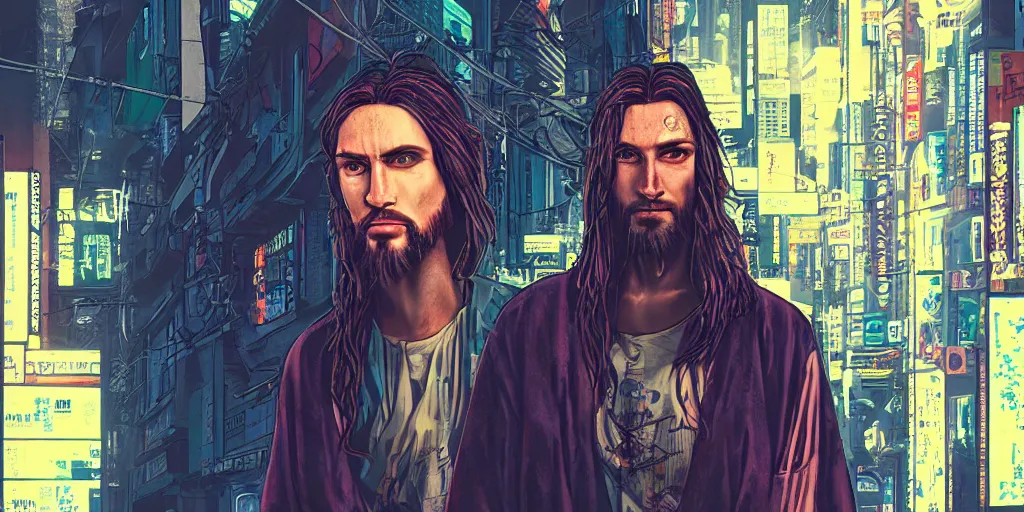 Prompt: Ukiyo-style cyberpunk Jesus