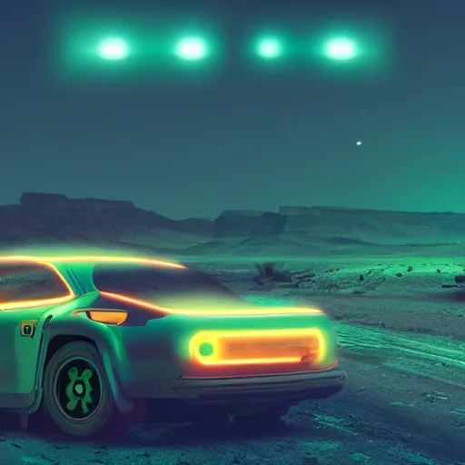 Image similar to cyberpunk neon car glowing against a desert background, nighttime photography, ray tracing, rtx, 4 k