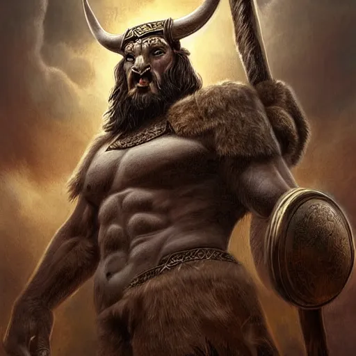 Image similar to digital painting of an minotaur as a viking king by filipe pagliuso and justin gerard, symmetric, fantasy, highly, detailed, realistic, intricate