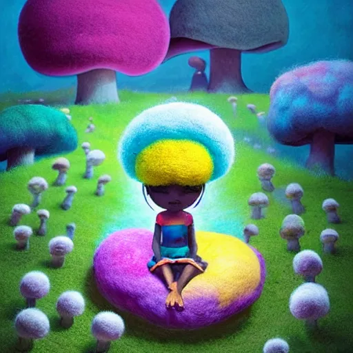 Prompt: a black girl with a colorful afro and big beautiful eyes meditating in a mushroom zen garden, bokeh, bright colors, synthwave, watercolor, volumetric wool felting, macro photography, children illustration, by goro fujita