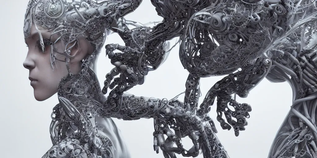 Prompt: photorealistic, gorgeous symmetrical female cyborg, holding hands, lovingly holding highly detailed, synthetic creation, intricate, in the style of beth cavener, jin kagetsu, wlop, masterpiece, concept art, high key lighting, ambient lighting, octane render, 8 k, artstation