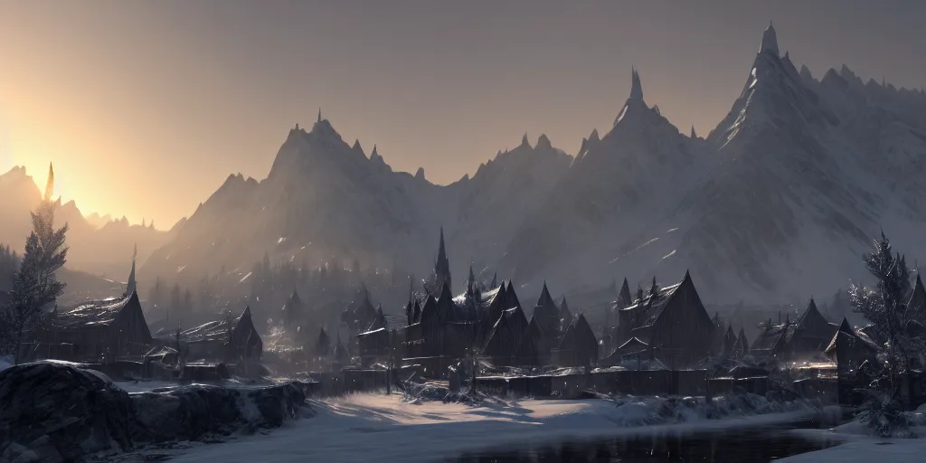 Prompt: a professional concept art of whiterun from skyrim, morning time, designed by john j park, cinematic camera shot, winter setting, trending on artstation, extremely detailed, perfect studio quality, cgi