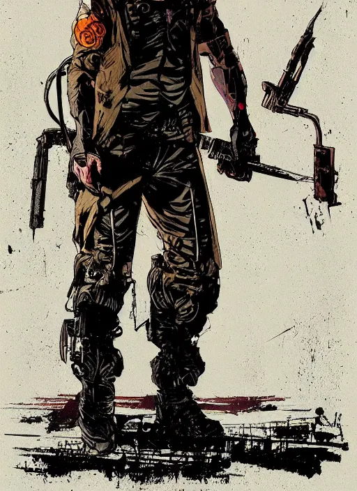 Prompt: the butcher. cyberpunk assassin in military vest and jumpsuit. portrait by ashley wood and alphonse mucha and laurie greasley and josan gonzalez. illustration, pop art, cinematic. realistic proportions. moody industrial setting. artstationhq