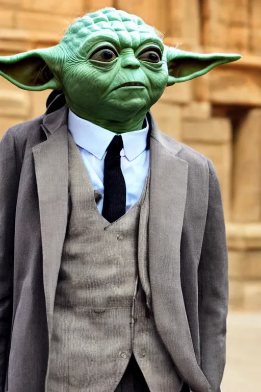 Image similar to yoda wearing a 3 piece suit