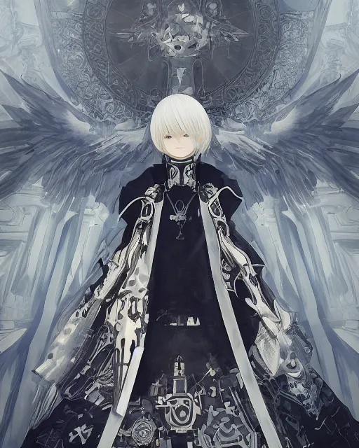 Prompt: hybrid nierautomata painting, sun rays, angel relief, infinitely detailed architectures