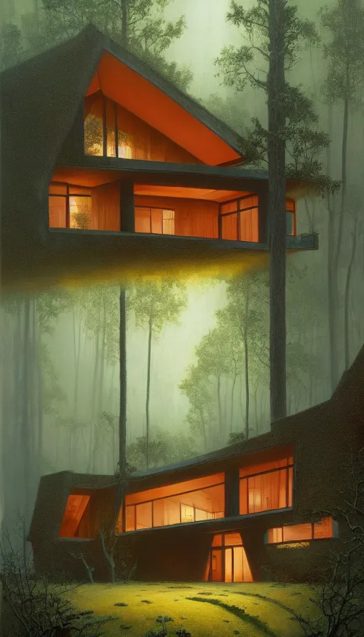 Image similar to cozy ultra modern home in the woods moody lighting, highly detailed, painting by zdzisław beksinski and norman rockwell and greg rutkowskiweta studio, and lucasfilm