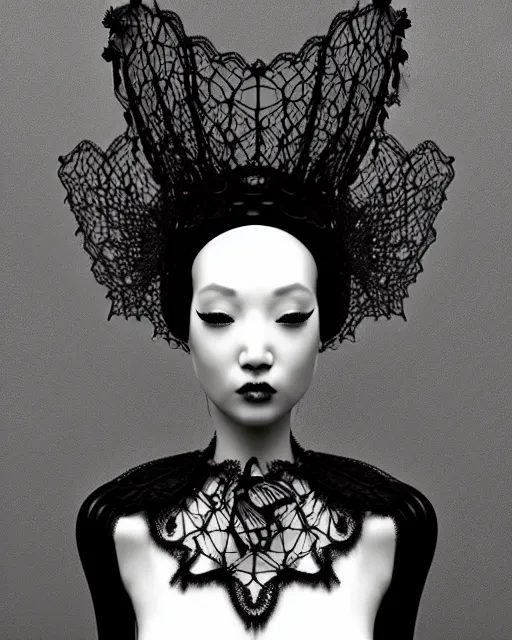 Prompt: dreamy surreal poetic black and white 3D render of a beautiful young porcelain female-creature-cyborg-vegetal with a very long neck and a super big gothic web lace collar filled with small dead flies and a very high big floral crown with many black dry roses:: smoke, high fashion, haute couture, rococo, avant-garde, elegant, dreamy, hyper realistic, 150 mm lens, soft rim light, octane render, unreal engine, volumetric lighting, dramatic light,8k,