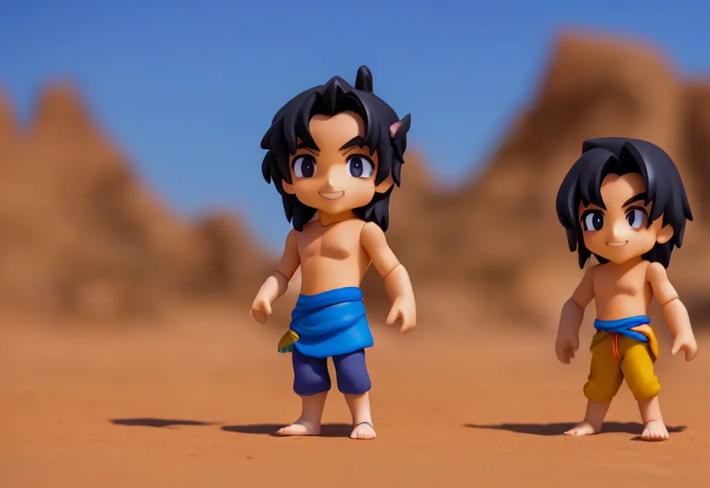 Prompt: side view of young aladdin as nendoroid walking in a desert village, 8 k, hd, dof, kodak film,