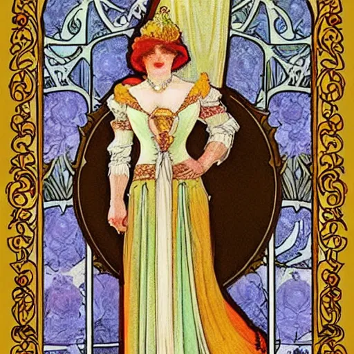 Image similar to president of belarus in beautiful dress. mucha style. epic composition. highly detailed.