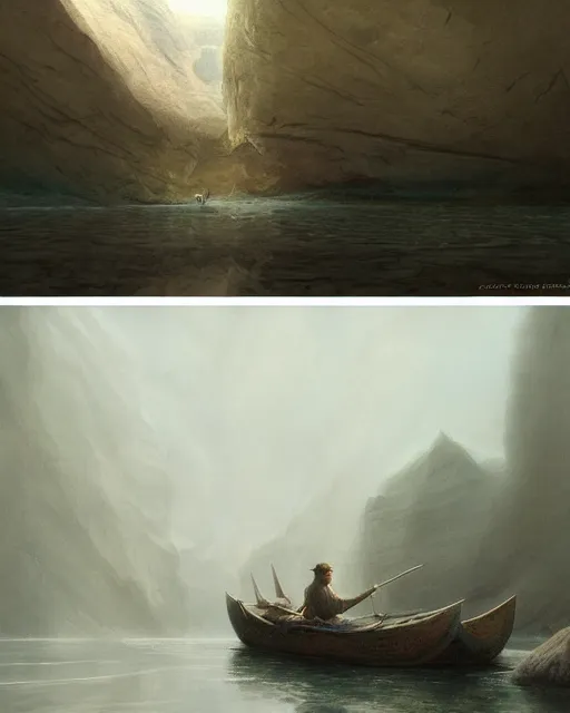 Image similar to painting of a man in a boat in a cave, a detailed matte painting by john howe, cgsociety, fantasy art, matte painting, lovecraftian horror, fantasy