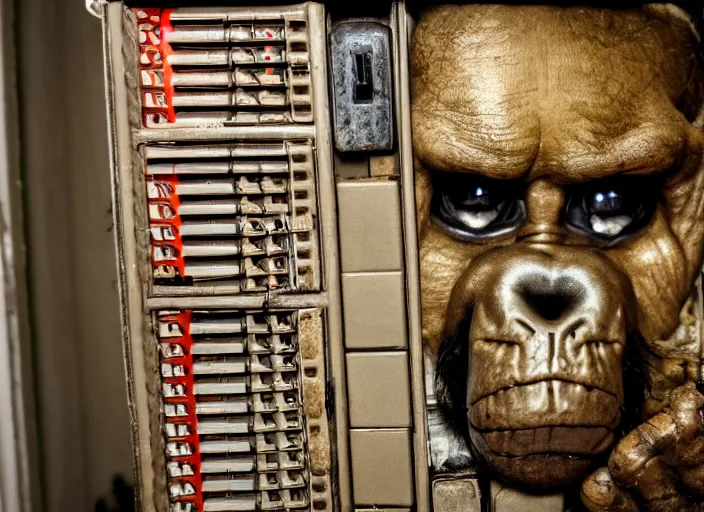 Image similar to scarry ape inside fuse box in post communist apartment building