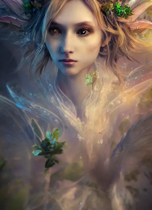 Image similar to beautiful beautiful fairy faerie fey fae queen forest spirit highly detailed CGsociety subtle enchanting alluring magical concept art HDR hyper realistic volumetric lighting subsurface scattering unreal