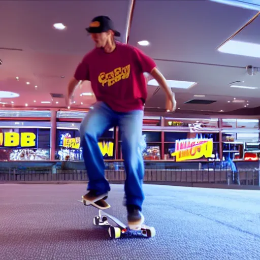 Image similar to kenny g skateboarding in the burger king lounge, epic, cinematic, realism, ultra detailed, 8 k