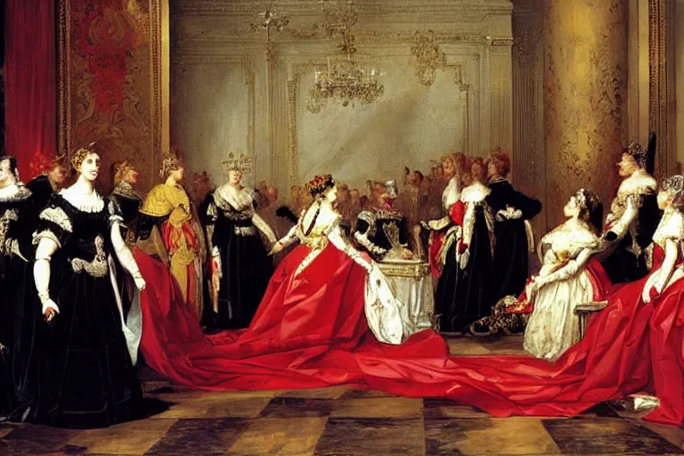 Prompt: the queen of england surrrounded by her court, painting by le nain