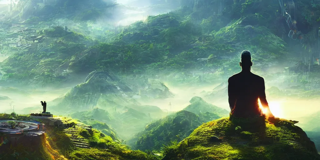 Image similar to a cinematic composition depicting : a computer run solarpunk civilization encroaching on a degrading cyberpunk world, on top of the mountain a man sits in a lotus pose overlooking a hopeful and lush foresty solarpunk valley at sunrise