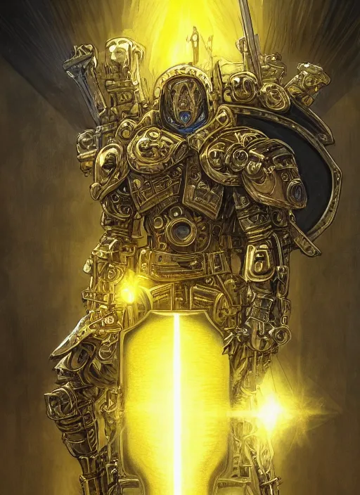 Image similar to dynamic portrait of a intricate glorious holy mechanical warforged character in yellow armor holding a paladin engraved great longsword and carrying a big paladin shield, spotlight from face , epic , trending on ArtStation, masterpiece, cinematic lighting, by Jesper Ejsing and by Philippe Druillet and by Yoann Lossel