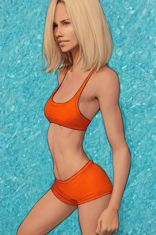 Image similar to a beautiful, very fit woman with hip-length blonde hair, wearing a short white crop top and short orange athletic shorts, stands by a swimming pool, facing forward, in the style of artgerm and moebius and annie liebovitz, photorealistic, highly detailed, trending on artstation