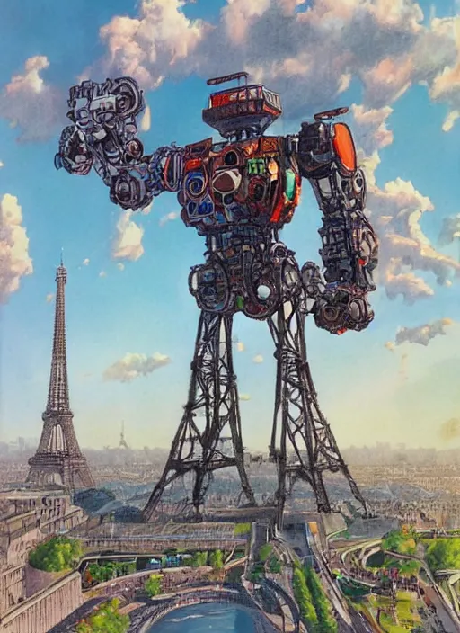 Image similar to realistic physically based rendering of a giant mechanical robot at the eiffel tower by jack kirby and simon bisley, epic, awesome trendy color palette, cinematic