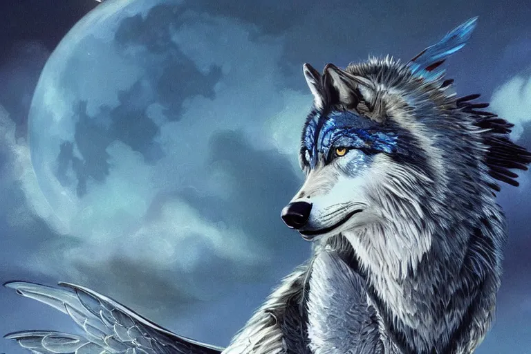 Image similar to Blue feathered wolf with wings on a beautiful fantasy landscape, hills, mountains, moonlit, HD, illustration, epic, D&D, fantasy, intricate, elegant, highly detailed, digital painting, artstation, concept art, smooth, sharp focus, illustration, wallpaper, art by artgerm and greg rutkowski and alphonse mucha and jin xiaodi