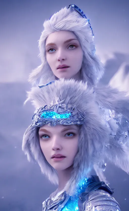 Image similar to ice goddess with beautiful face with a glowing blue crystal on her forehead, frosty white eyes, winter mist around her, white plated armor, pale skin, white smoke, photorealism, octane render, frostbite, 8 k, cinematic, 3 5 mm