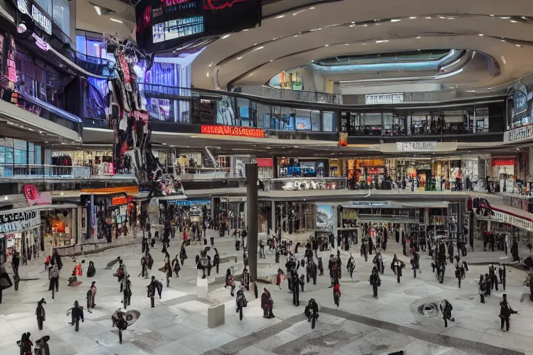 Image similar to dystopian shopping mall interior cyberpunk depressing, Benjamin Last