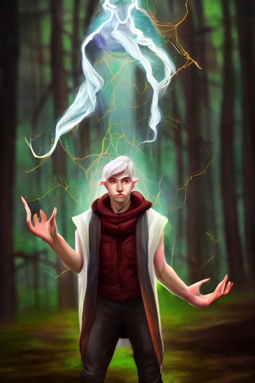 Prompt: a human elemental sorcerer, forest setting, colorful magic, male, white skin, portrait, young, sharp focus, concept art, dynamic lighting, by emylie boivin