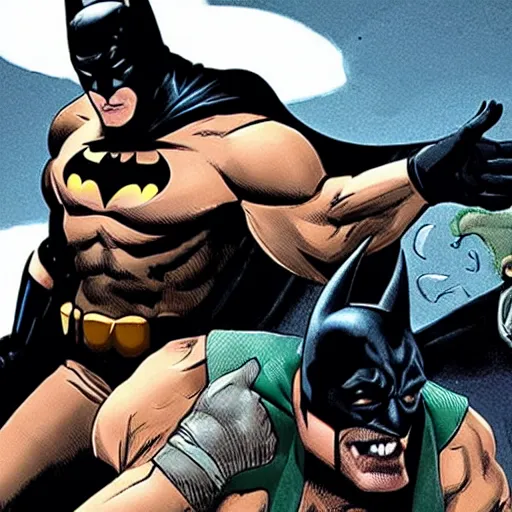 Image similar to batman putting bane in an armbar.