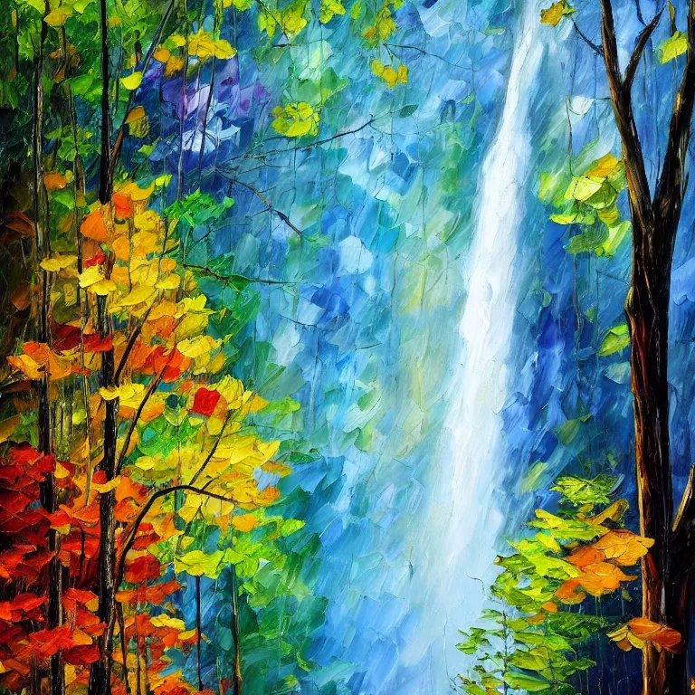 Prompt: A beautiful oil painting of a very tall waterfall on a very rocky cliff, in the middle of a huge forest of trees with bright blue glowing leaves, by Afremov