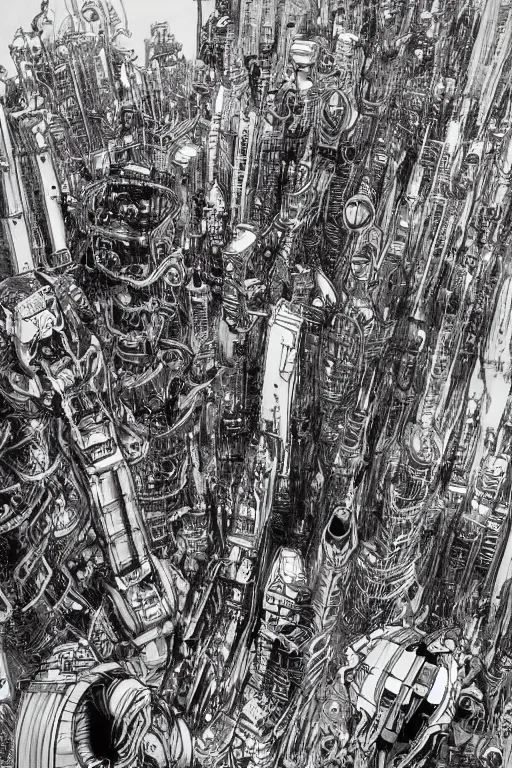 Image similar to The world's most intricate and detailed drawing of a futuristic city with mechas fighting aliens, by Kim Jung GI. HD.